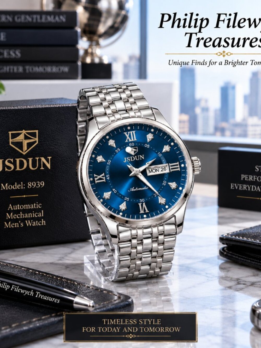 WA-34--JSDUN 8939 Men's Automatic Mechanical Blue Dial Stainless Steel Watch